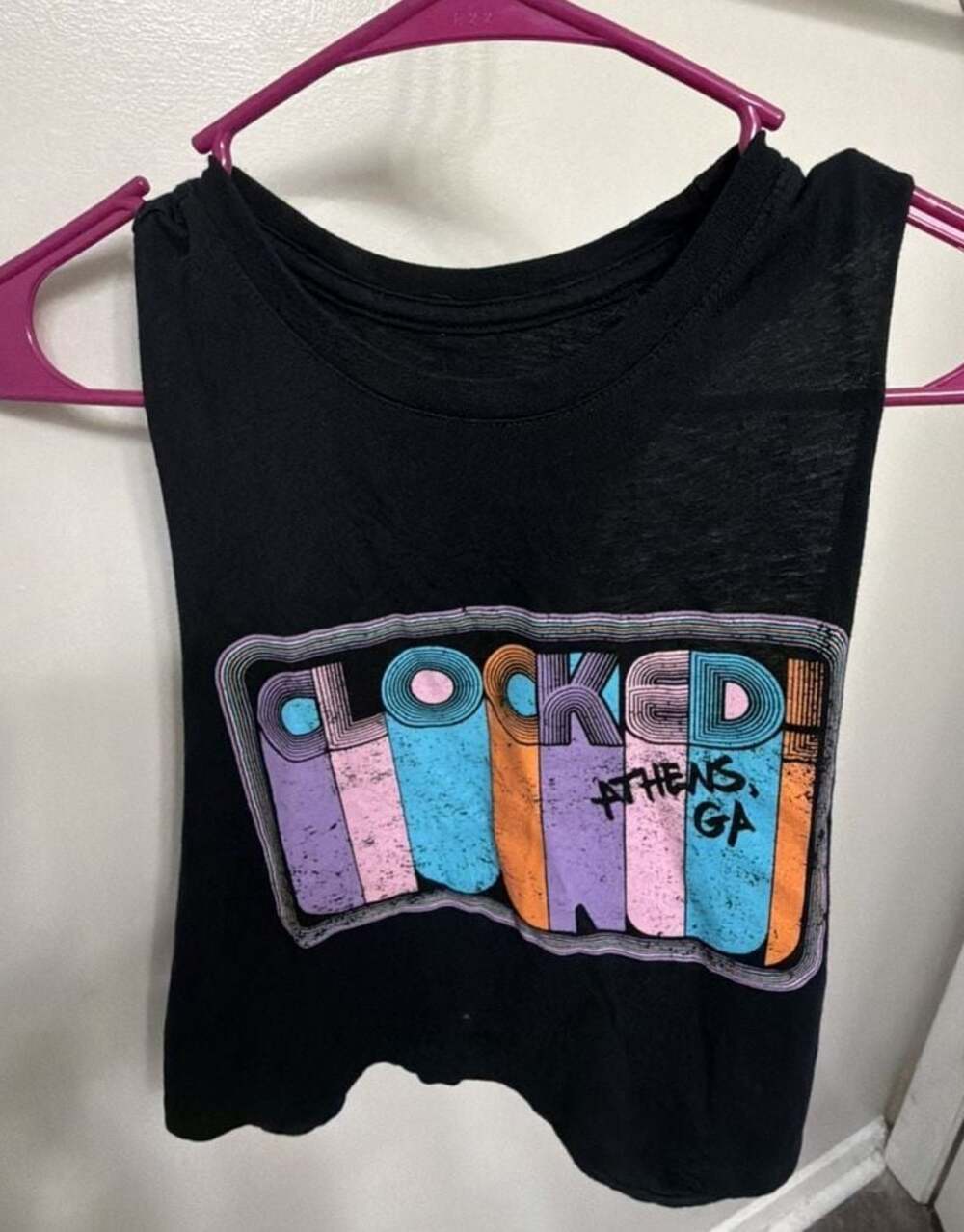 Clocked Athens GA Womens Graphic Crop Tank Top Large Sleeveless Retro Y2K